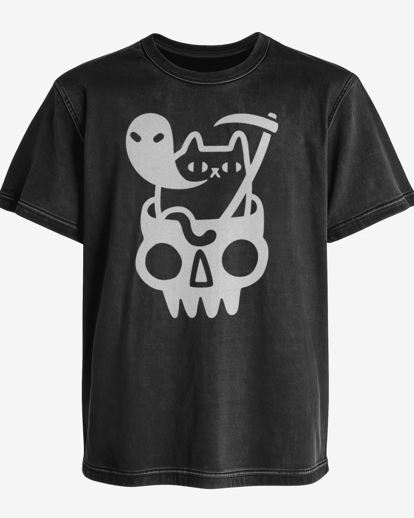 Polera desgastada Negro de Gatito de la muerte 05