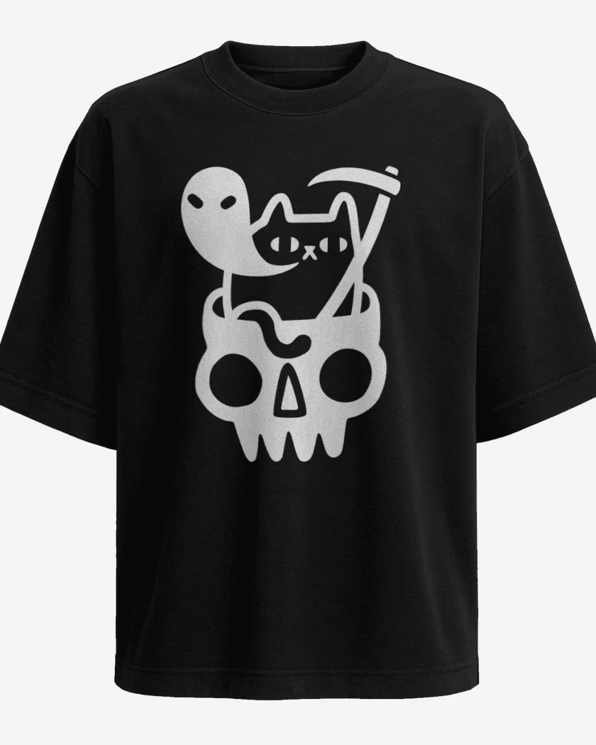 Polera Oversize Negro de Gatito de la muerte 05