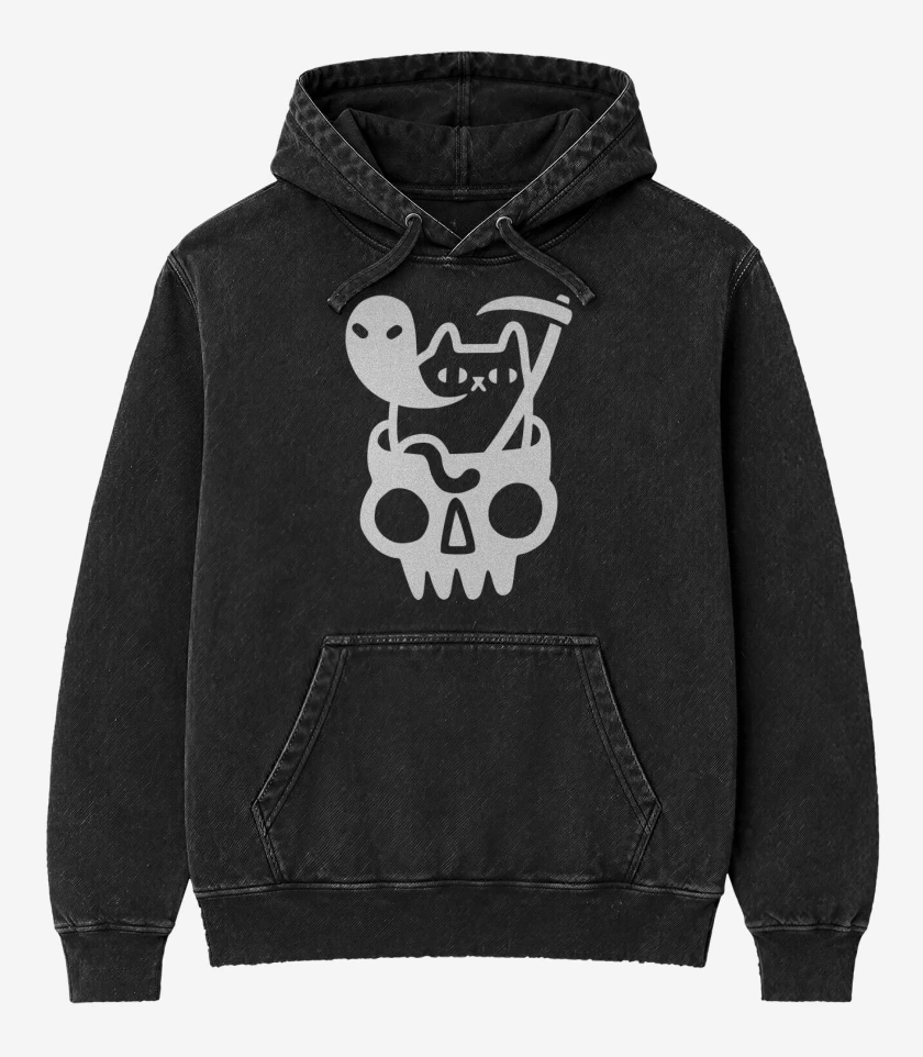 Poleron Canguro Acid Wash Negro de Gatito de la muerte 05