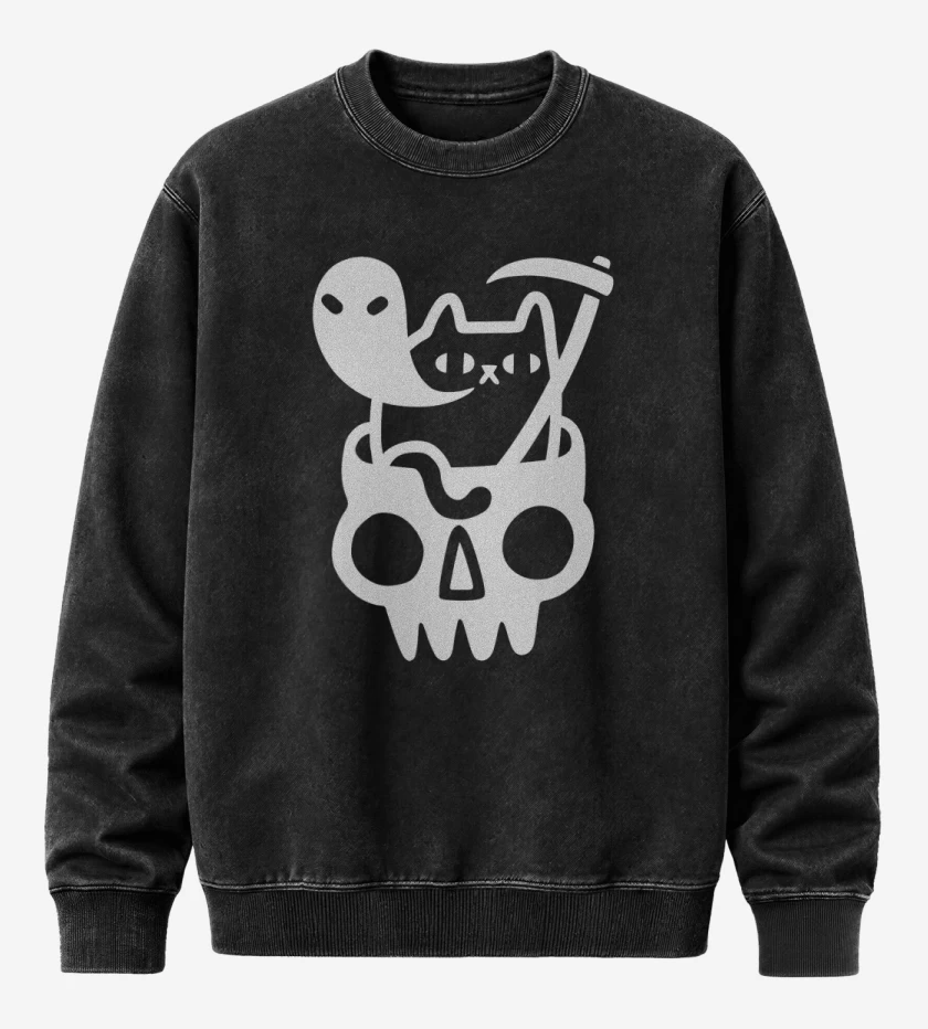 Poleron Polo Acid Wash Negro de Gatito de la muerte 05