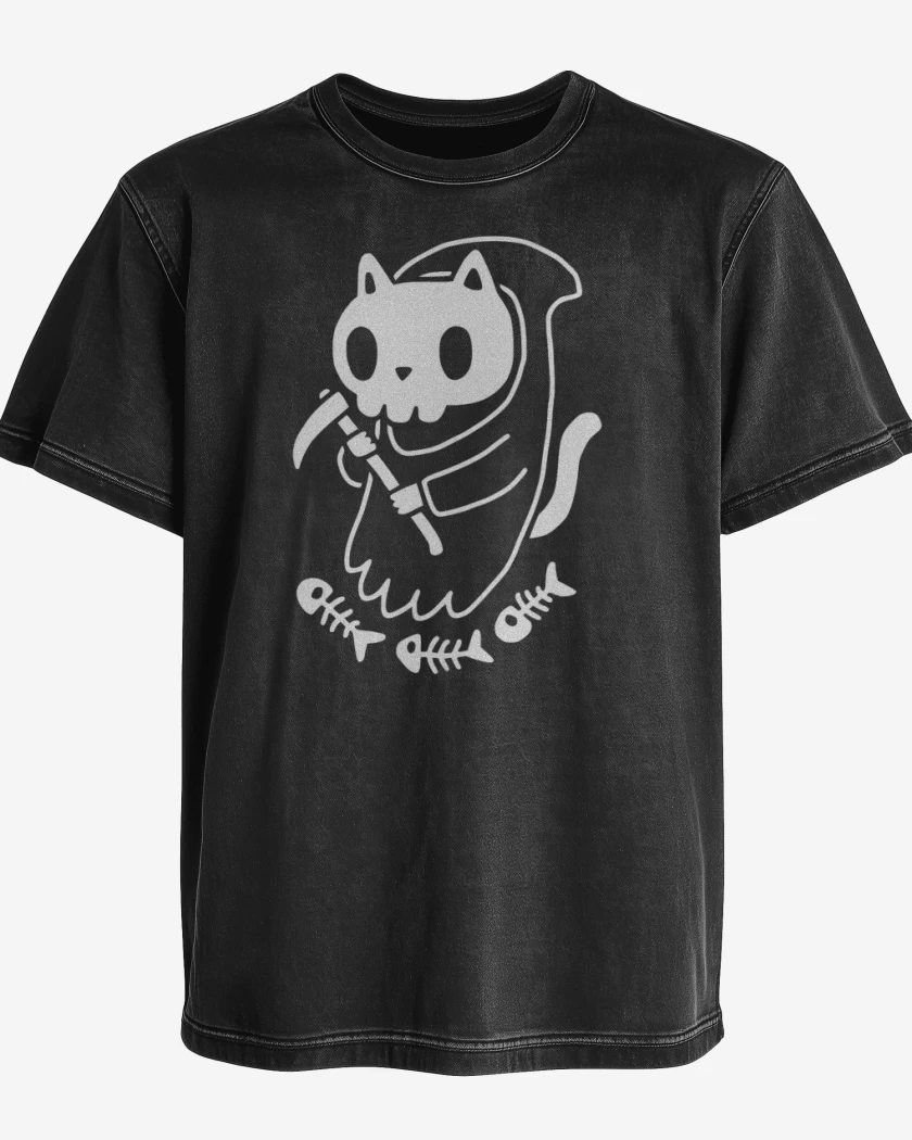 Polera desgastada Negro de gatito de la muerte 06