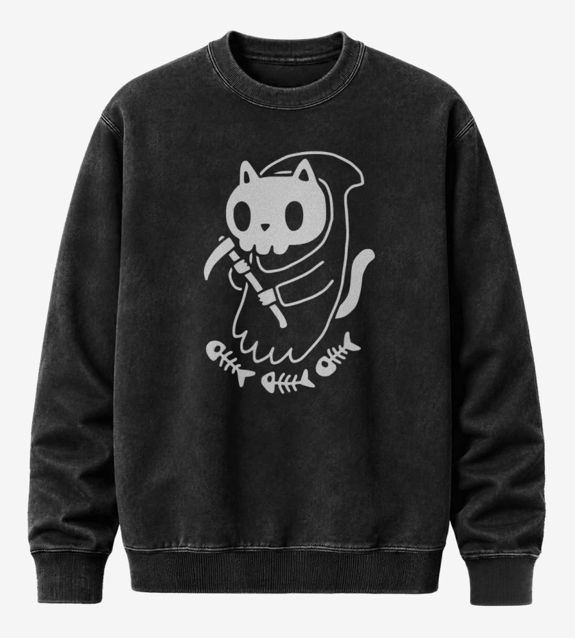 Poleron Polo Acid Wash Negro de gatito de la muerte 06