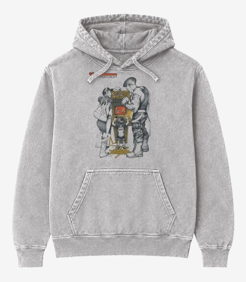 Poleron Canguro Acid Wash Gris Melange de Street Fighter kid 