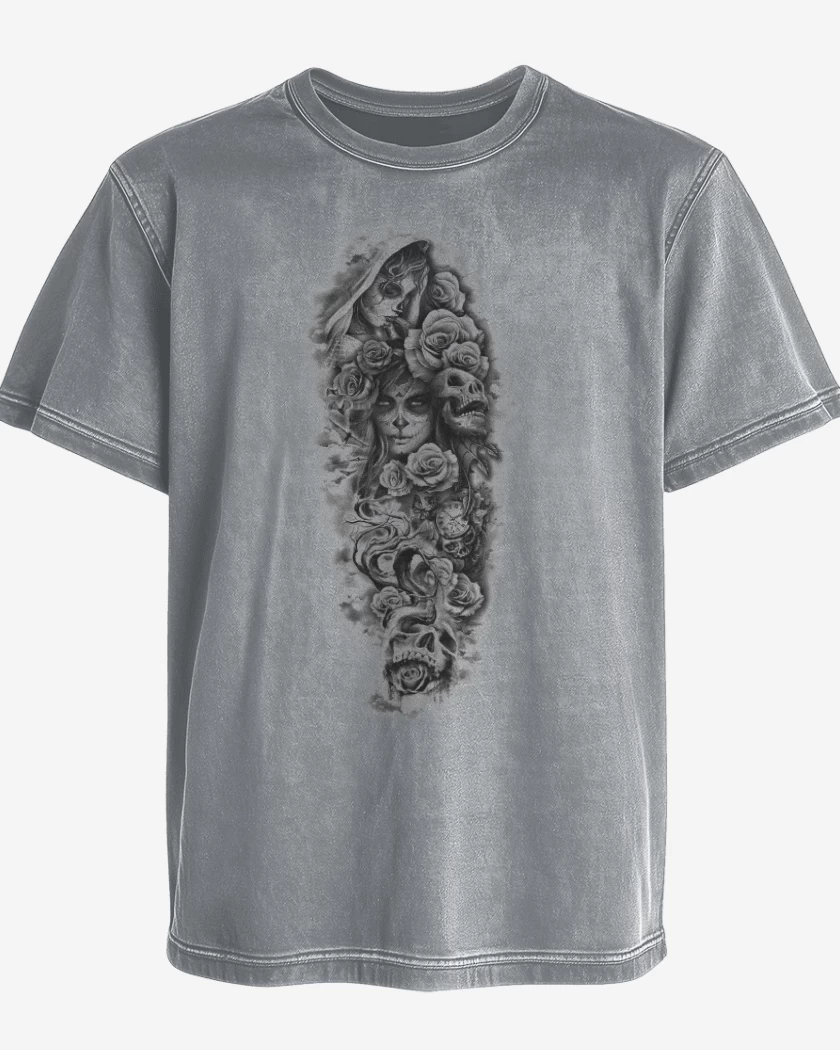 Polera desgastada Gris Melange de Skull sugar roses