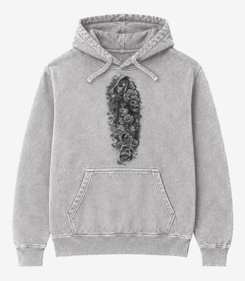 Poleron Canguro Acid Wash Gris Melange de Skull sugar roses