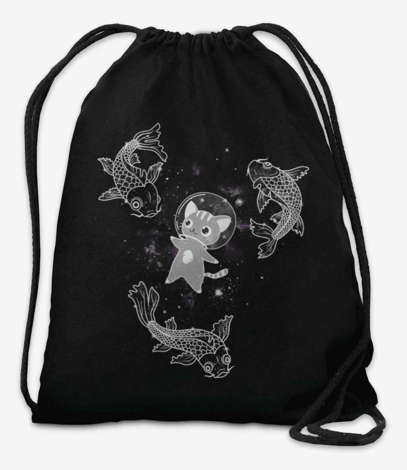 Mochila Negro de Gatito en el espacio con pesces 
