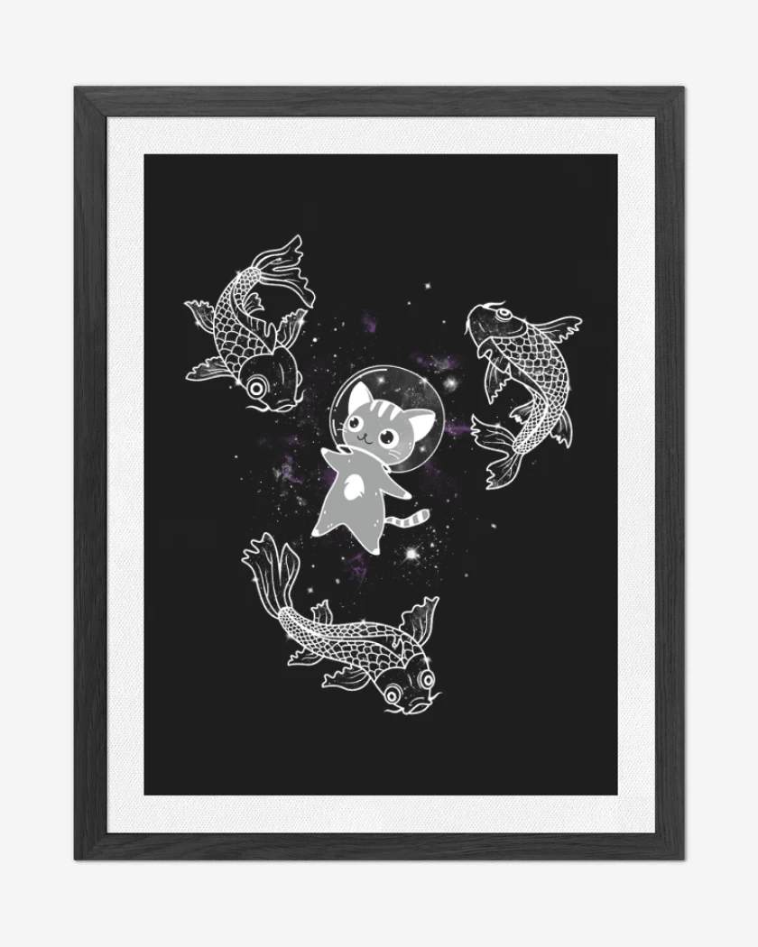 Cuadro decorativo Negro de Gatito en el espacio con pesces 