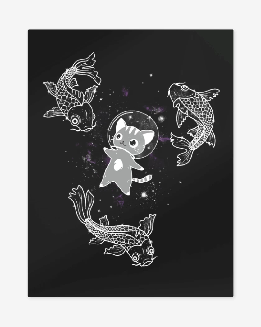 Print metalico Negro de Gatito en el espacio con pesces 