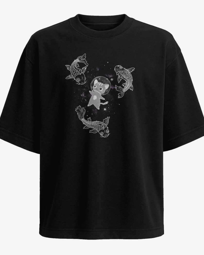 Polera Oversize Gatito en el espacio con pesces 