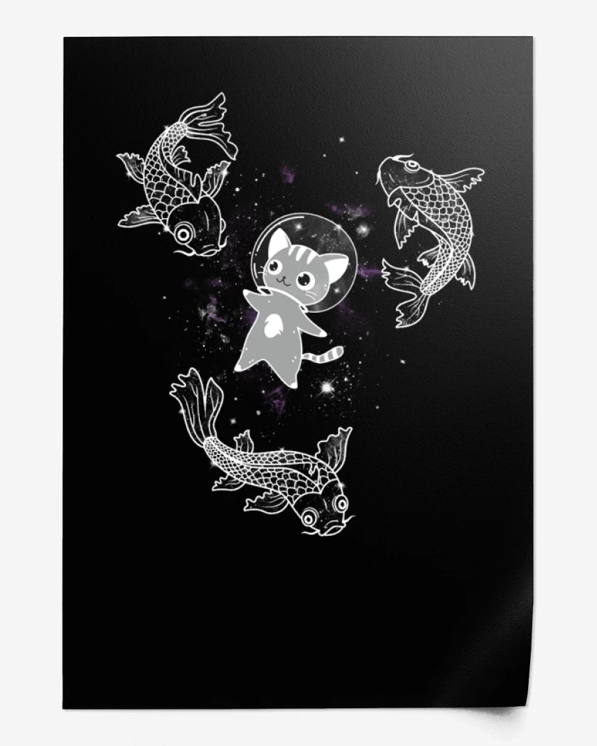 Print Negro de Gatito en el espacio con pesces 