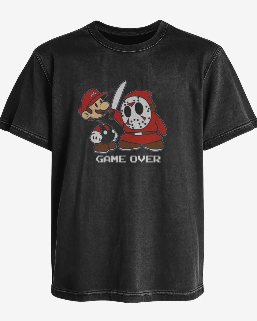 Polera desgastada Negro de Super bigote game over 