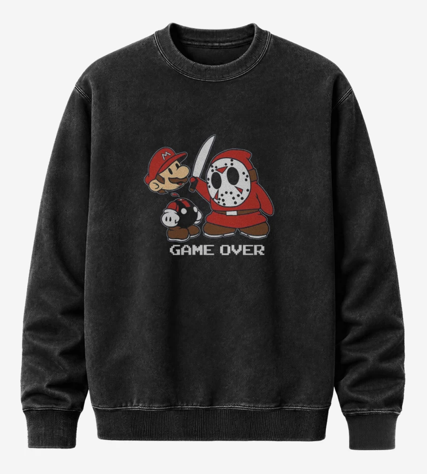 Poleron Polo Acid Wash Negro de Super bigote game over 