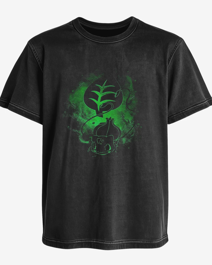 Polera desgastada Negro de bulbasaur green