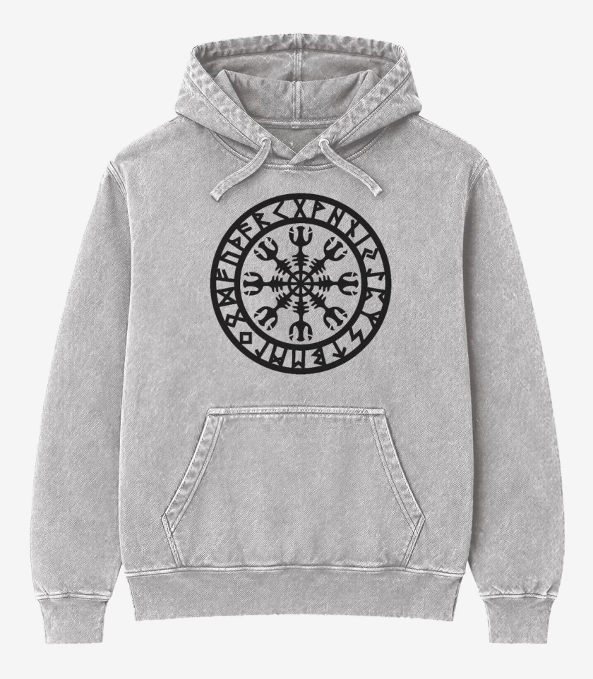 Poleron Canguro Acid Wash Gris Melange de Escudo vikingo
