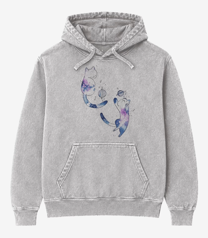 Poleron Canguro Acid Wash Gris Melange de Gatitos Jugando