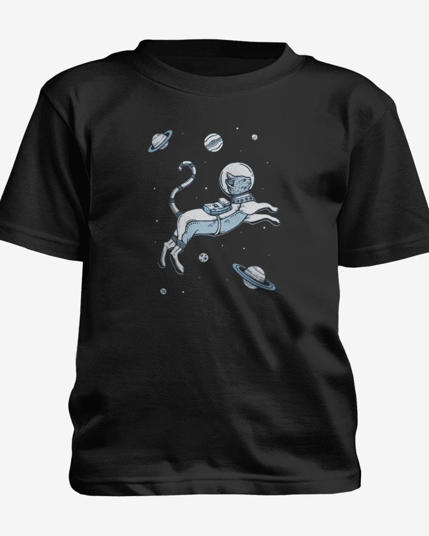 Polera de niño Blanco de Gatito espacial con planetas