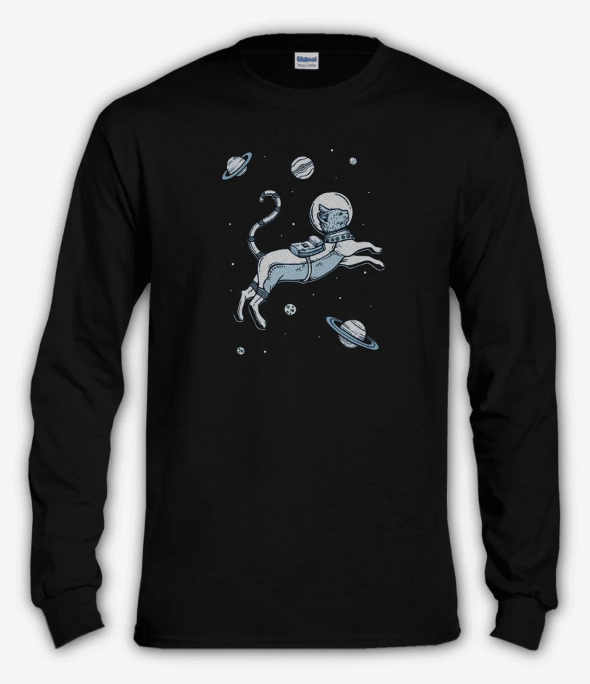 Polera manga larga Negro de Gatito espacial con planetas
