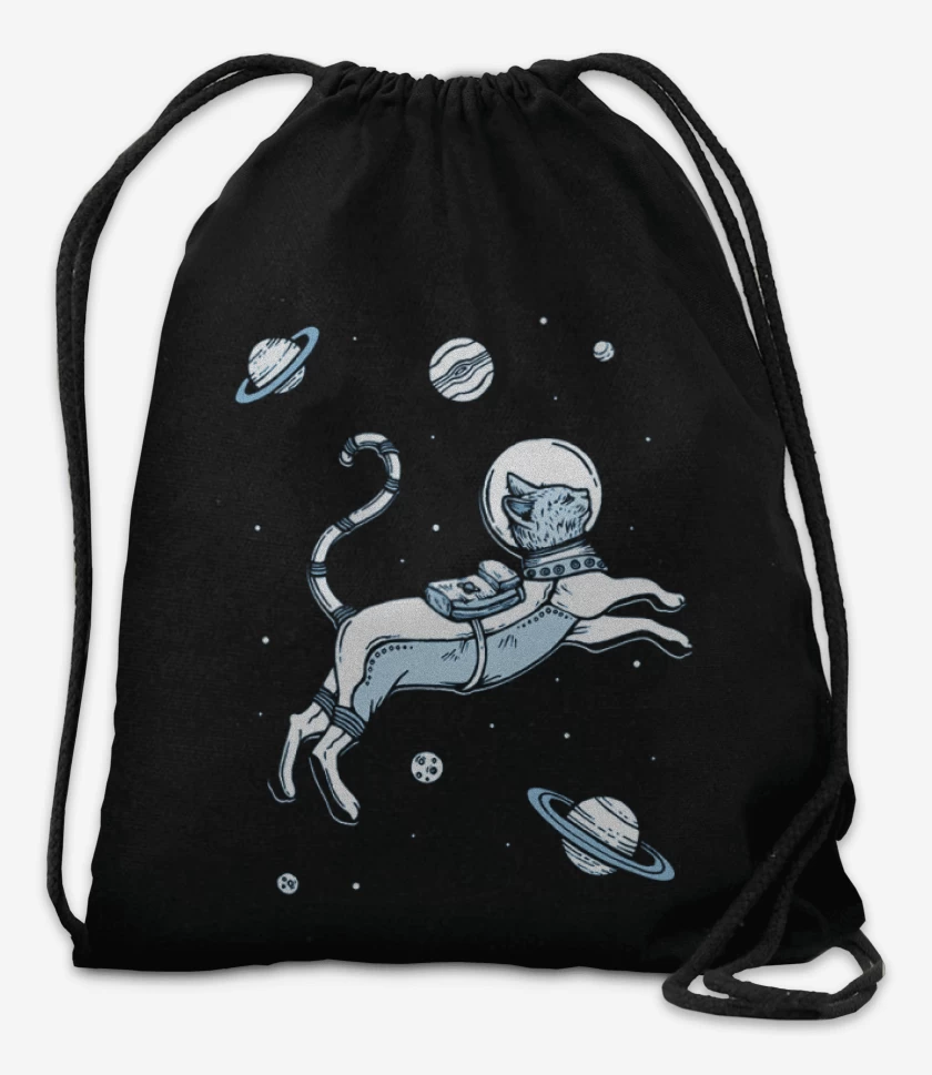 Mochila Negro de Gatito espacial con planetas