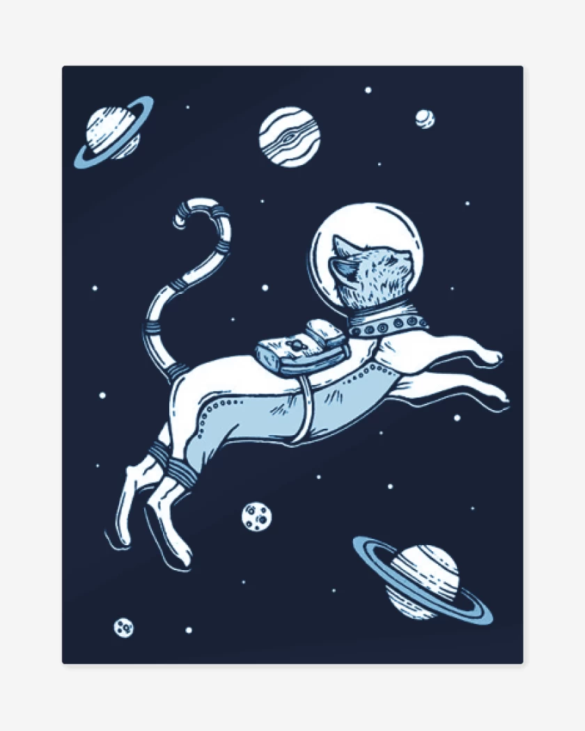 Print metalico Azul Marino de Gatito espacial con planetas