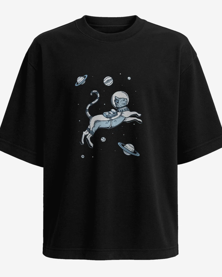 Polera Oversize Gatito espacial con planetas