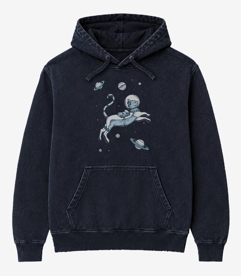 Poleron Canguro Acid Wash Azul Marino de Gatito espacial con planetas