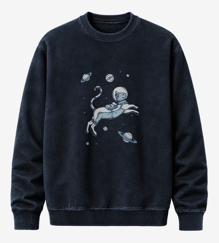 Poleron Polo Acid Wash Azul Marino de Gatito espacial con planetas