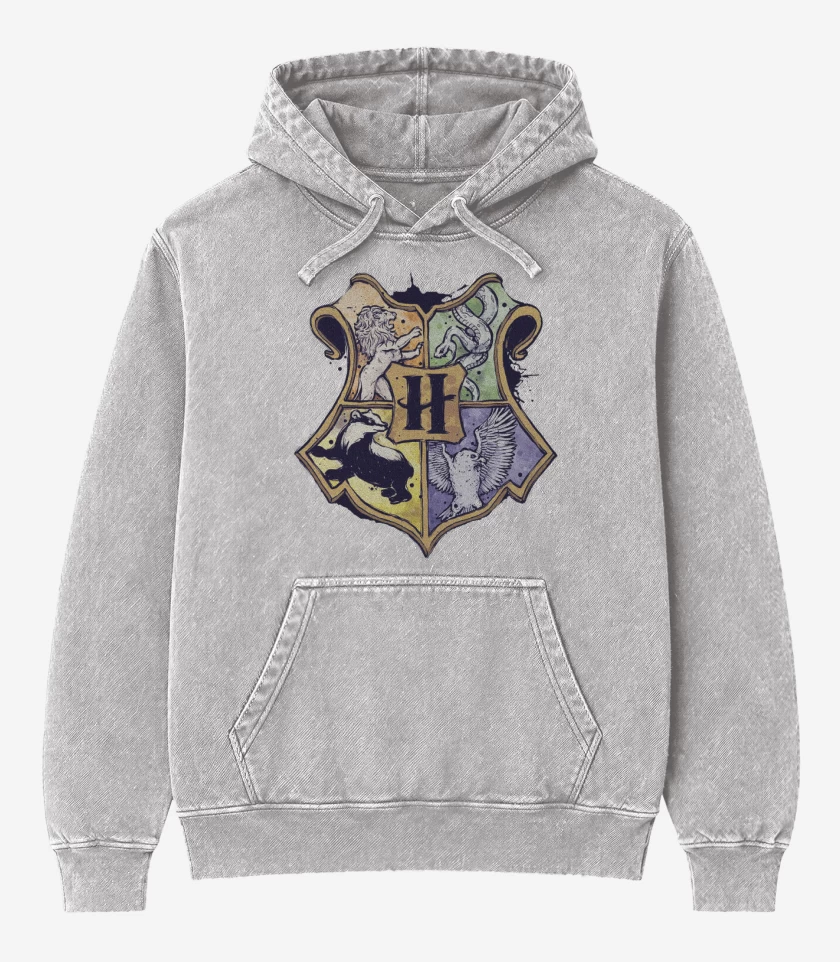 Poleron Canguro Acid Wash Gris Melange de Escudo Hogwarts