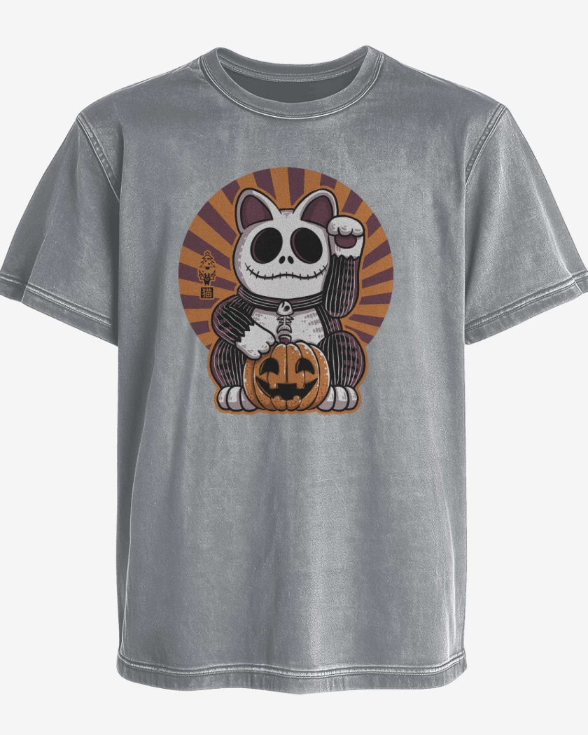 Polera desgastada Gris Melange de Cat halloween 