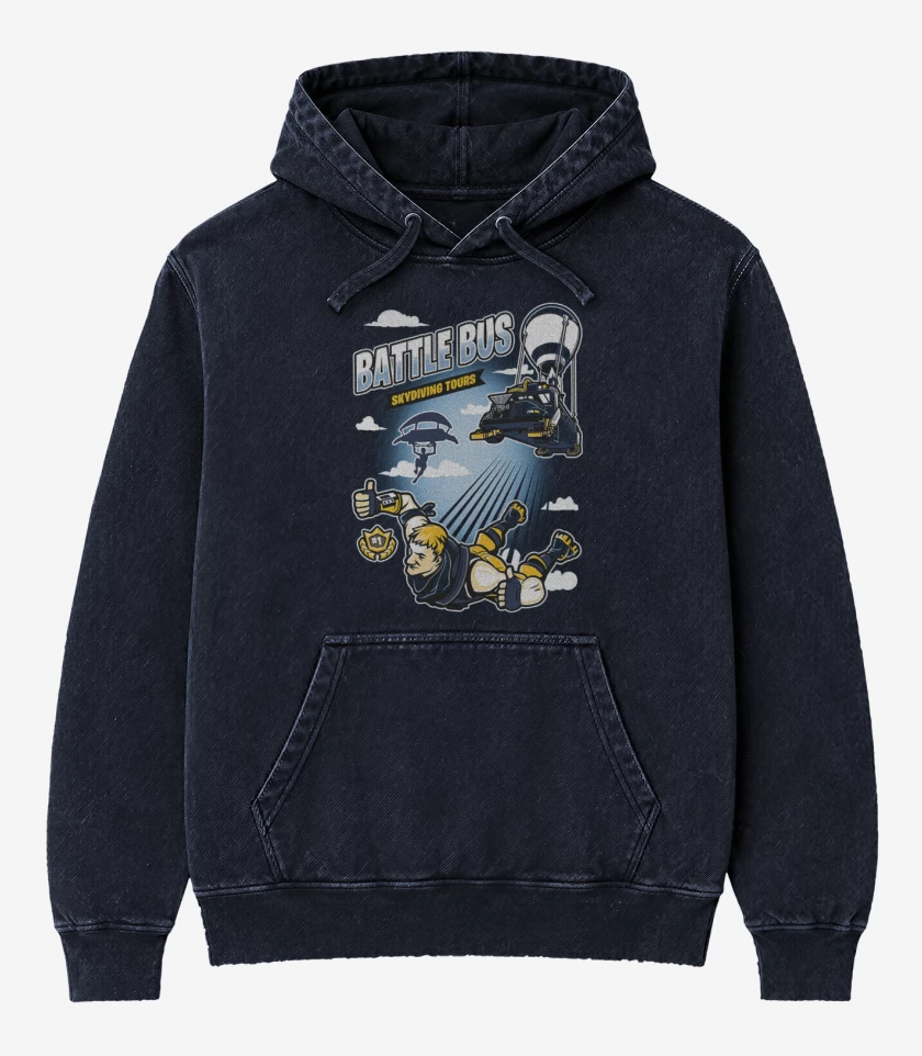 Poleron Canguro Acid Wash Azul Marino de Battle bus fornite