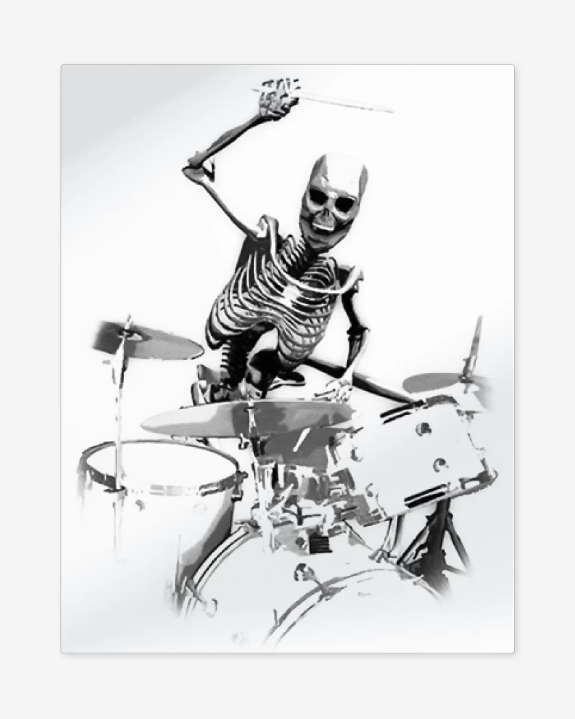 Print metalico Blanco de esqueleto drummer 