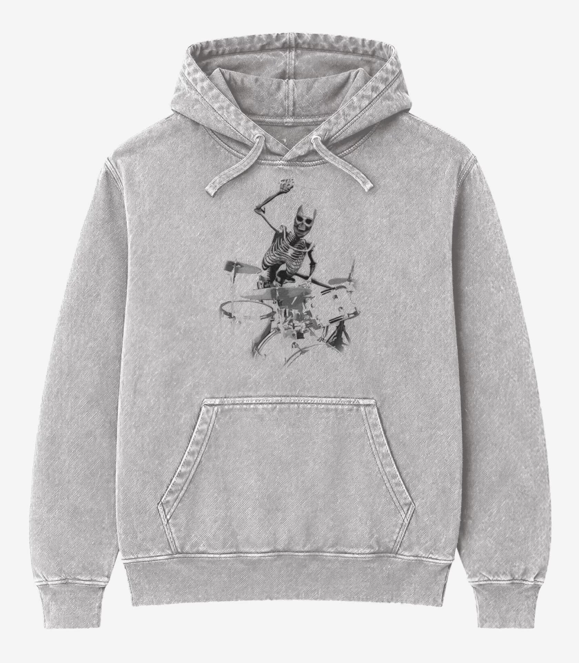 Poleron Canguro Acid Wash Gris Melange de esqueleto drummer 