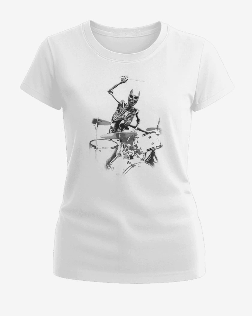 Polera de Mujer Blanco de esqueleto drummer 