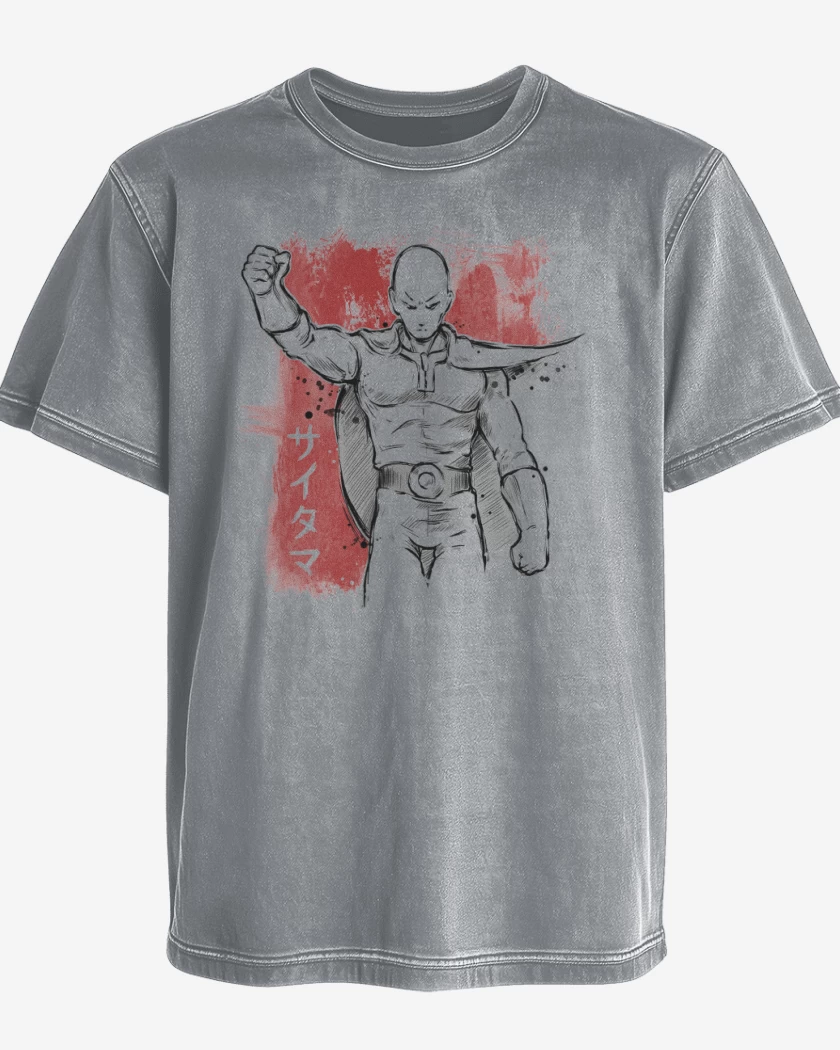 Polera desgastada Gris Melange de Saitama 1