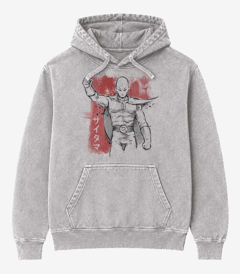 Poleron Canguro Acid Wash Gris Melange de Saitama 1