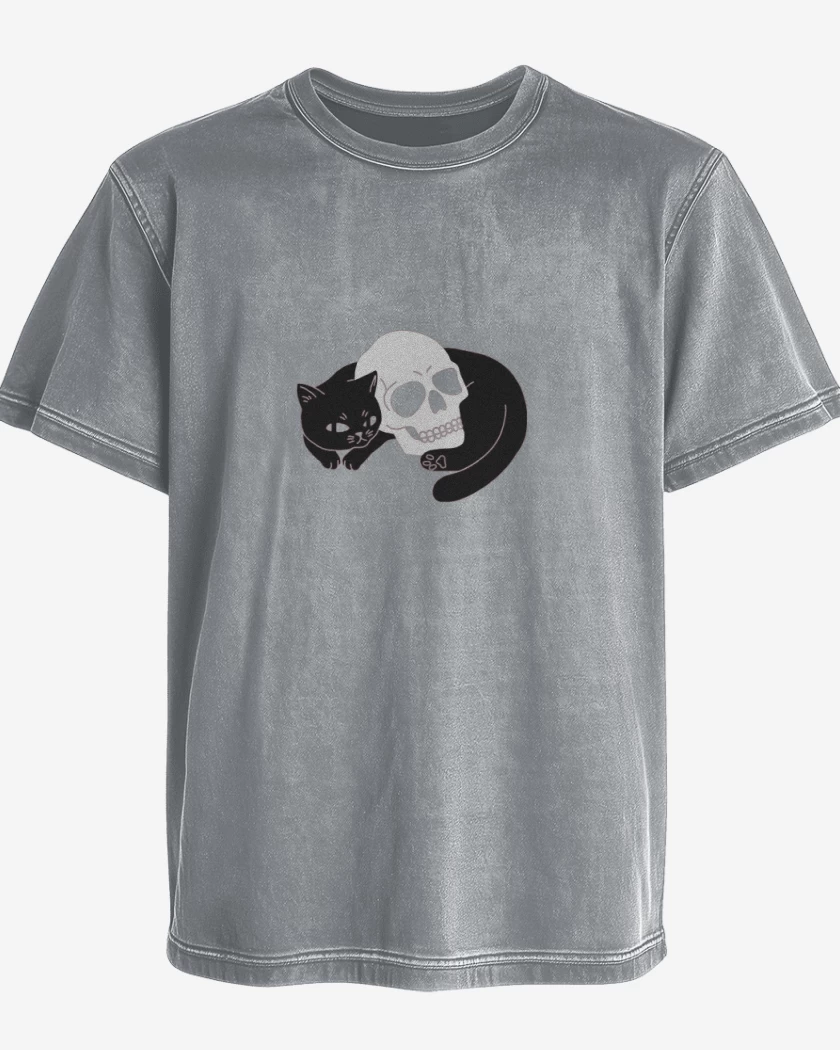 Polera desgastada Gris Melange de Skull cat