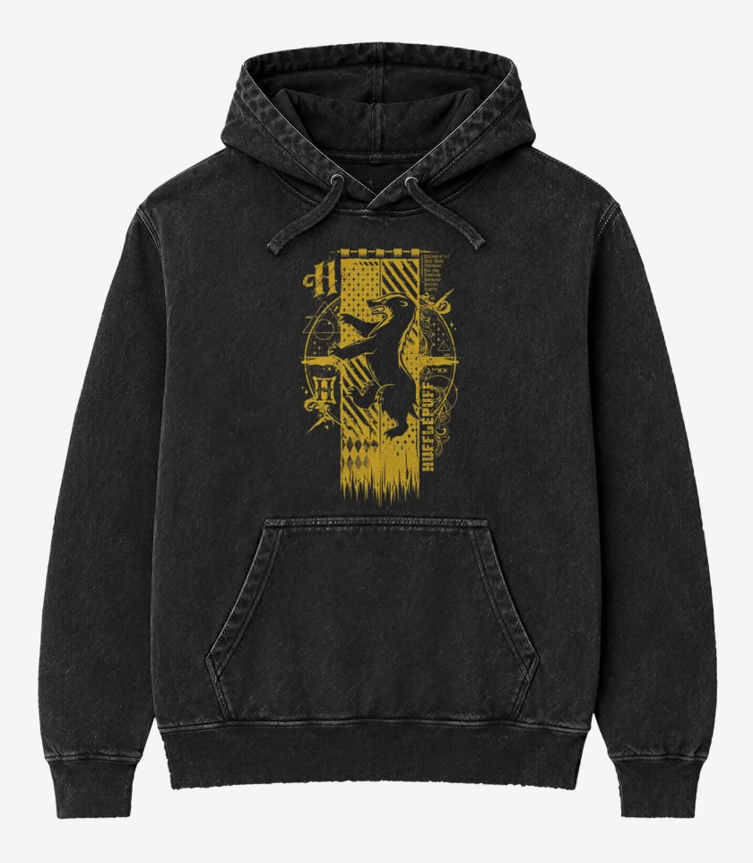Poleron Canguro Acid Wash Negro de escudo hufflepuff