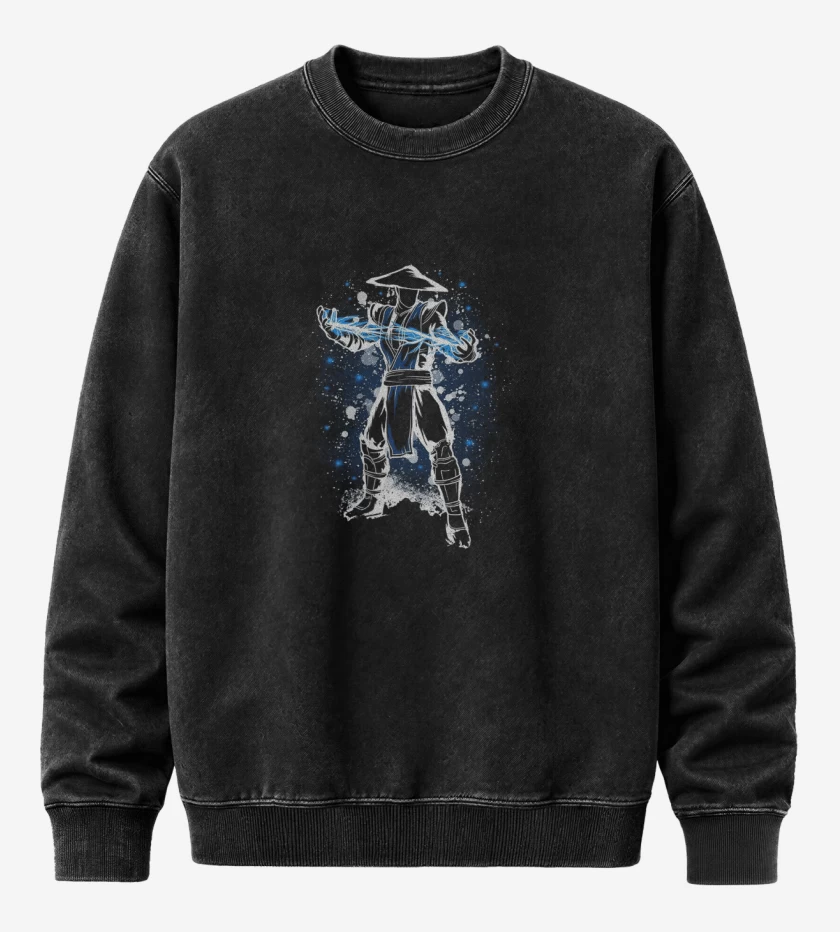 Poleron Polo Acid Wash Negro de Raiden Dios Trueno MortalKombat