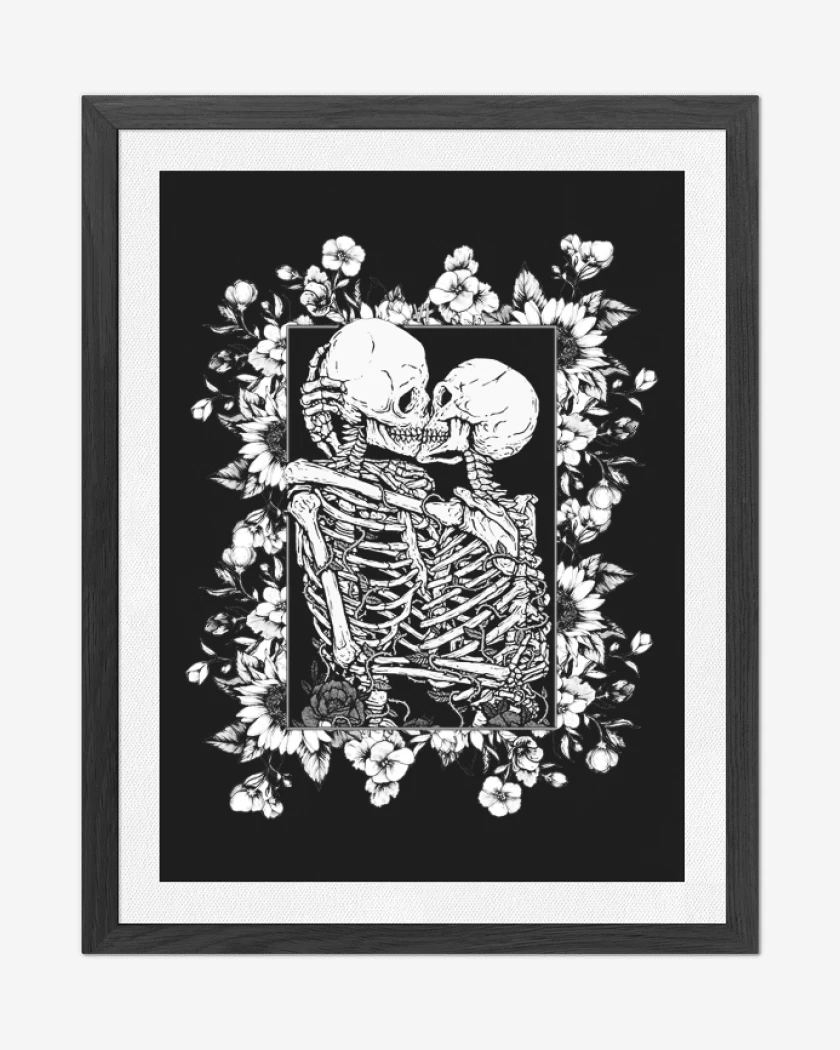 Cuadro decorativo Beso calaveras con flores