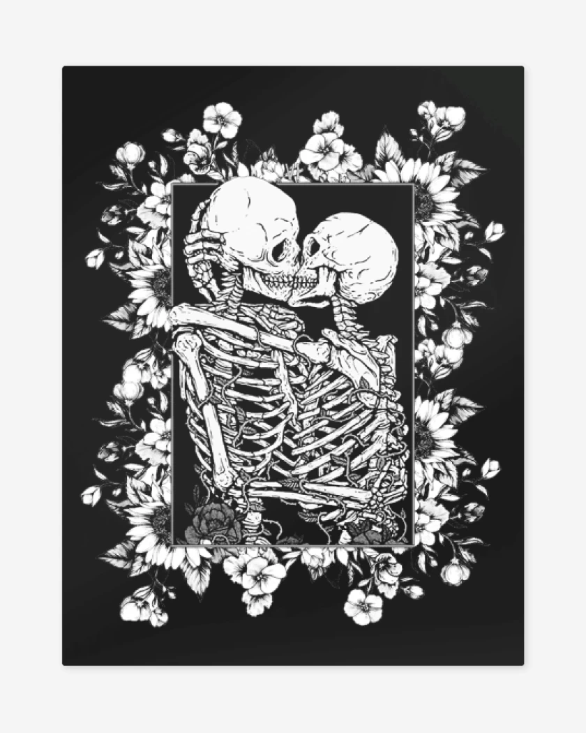 Print metalico Negro de Beso calaveras con flores
