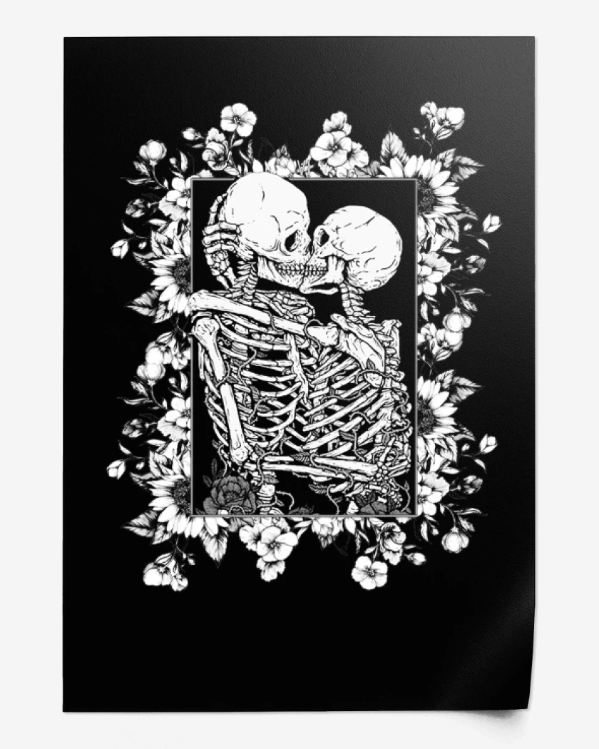 Print Beso calaveras con flores