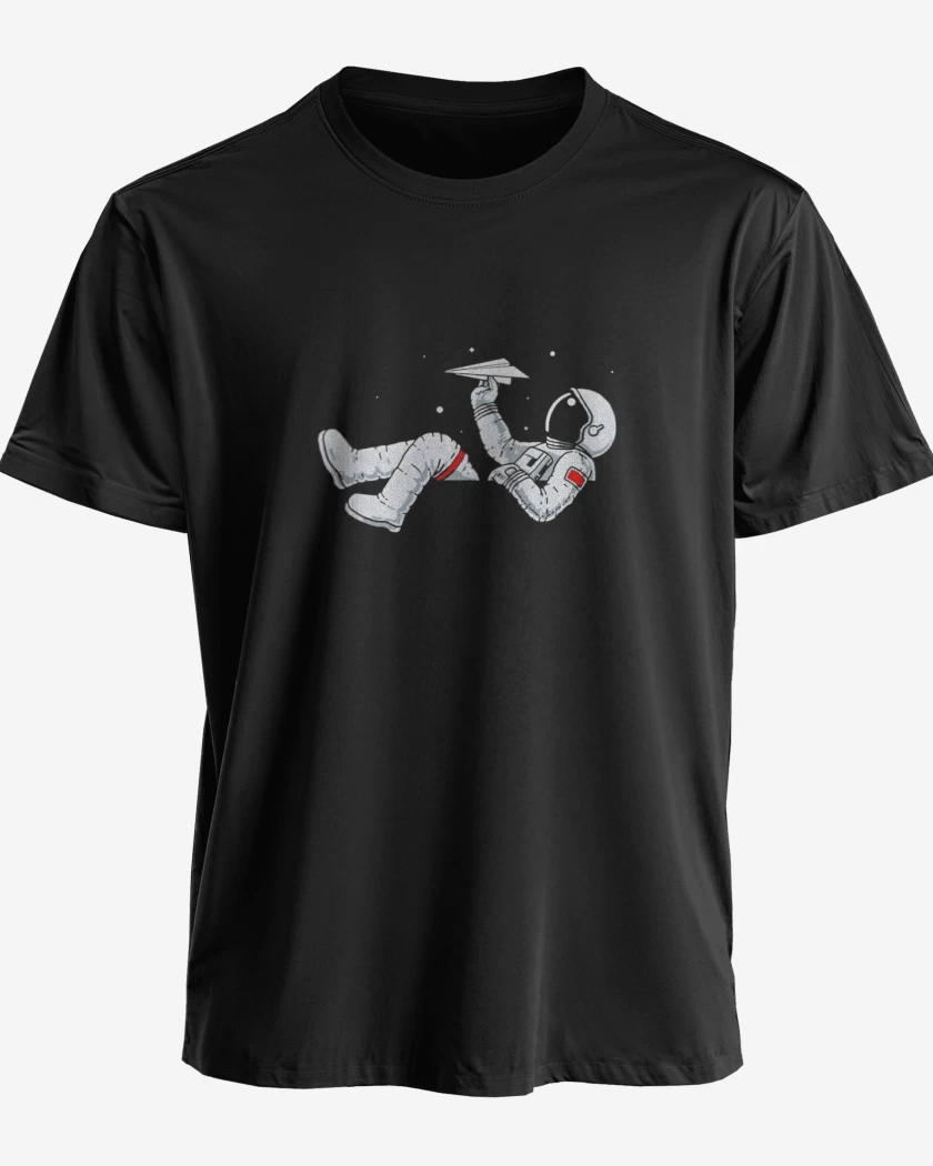 Polera premium Negro de Astronauta avion de papel 