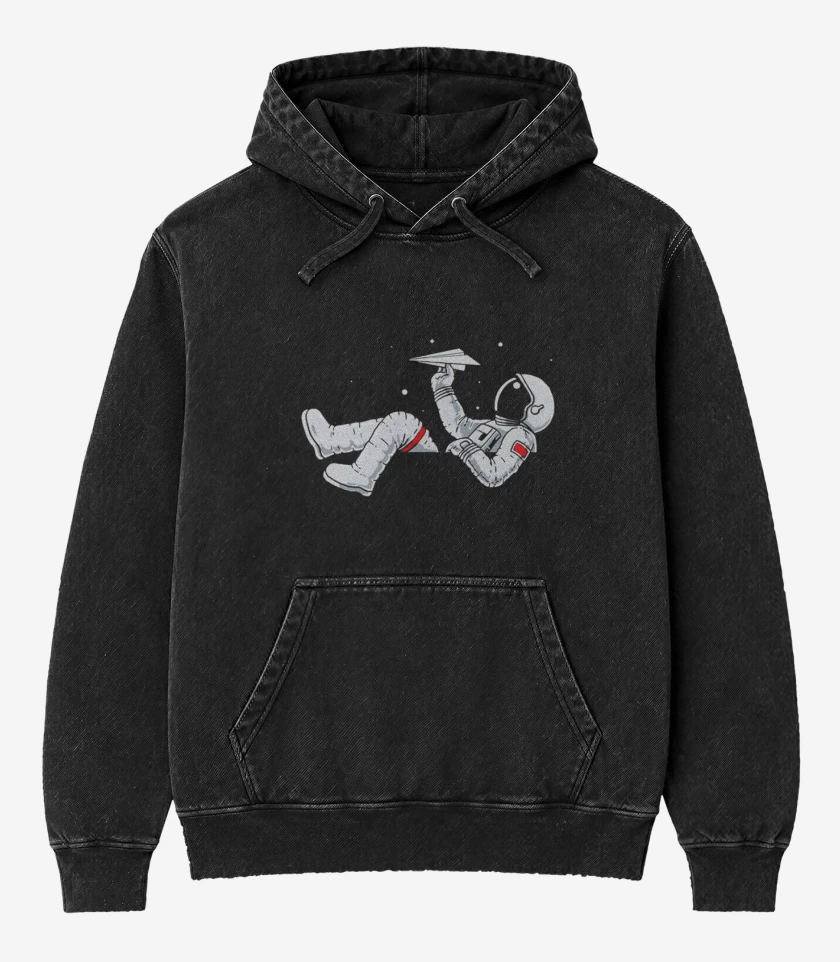 Poleron Canguro Acid Wash Negro de Astronauta avion de papel 