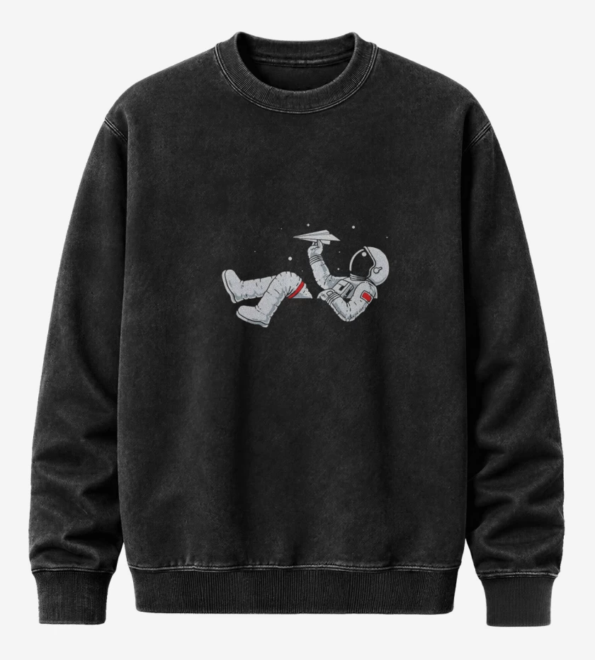 Poleron Polo Acid Wash Negro de Astronauta avion de papel 