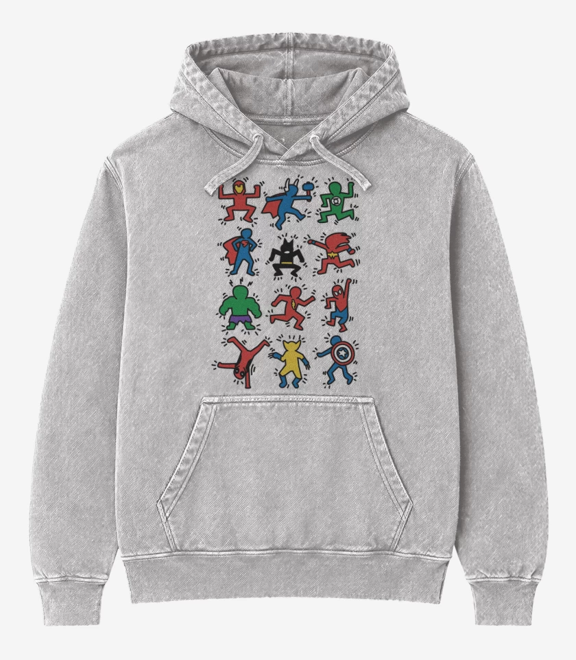 Poleron Canguro Acid Wash Gris Melange de Super heroes