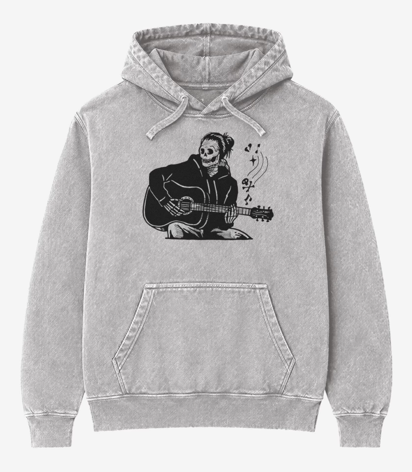 Poleron Canguro Acid Wash Gris Melange de Skull guitarra