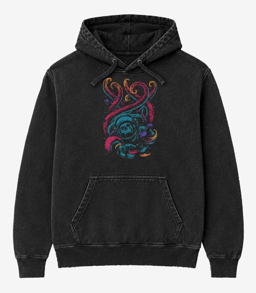 Poleron Canguro Acid Wash Negro de Skull astronauta
