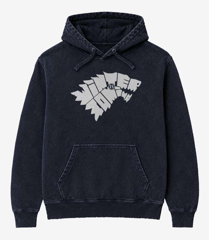 Poleron Canguro Acid Wash Azul Marino de GOT - Winter Is Coming Letras