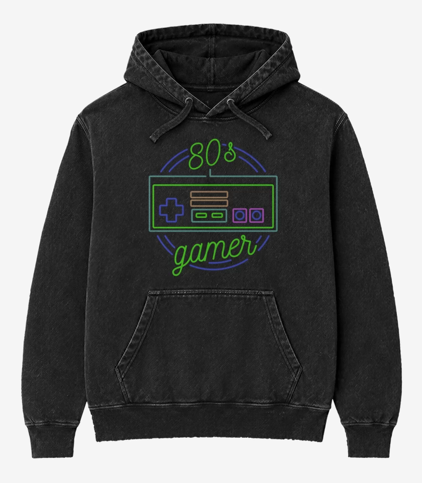 Poleron Canguro Acid Wash Negro de 80s gamer