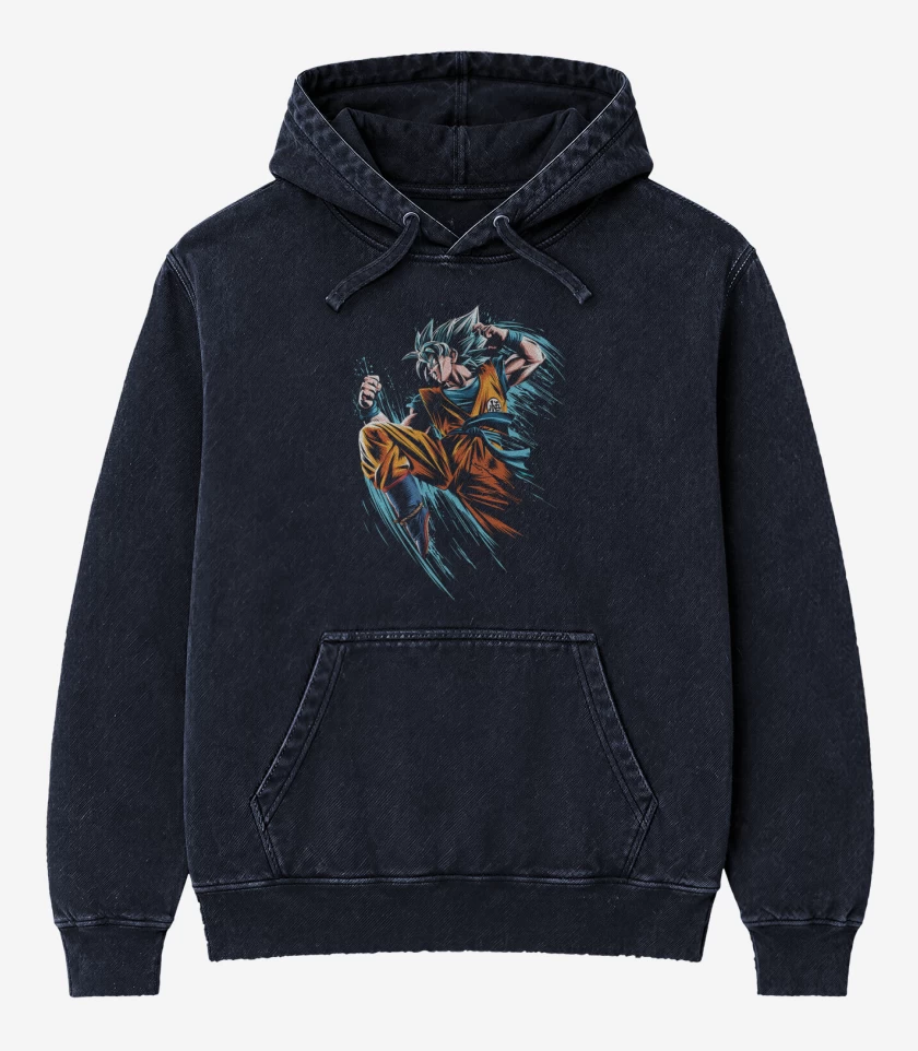 Poleron Canguro Acid Wash Azul Marino de Goku superya dios
