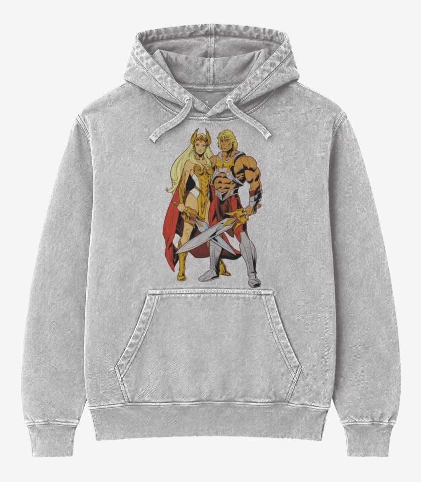 Poleron Canguro Acid Wash Gris Melange de She Ra y He Man